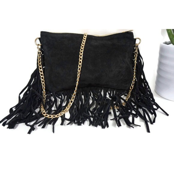 Handira Fringe Bag: Moroccan Kilim, Suede Leather Clutch - Picture 3 of 9